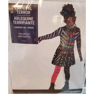Carnival Terror Clown Girl's Large Halloween Costume Dress Leggings Headband L